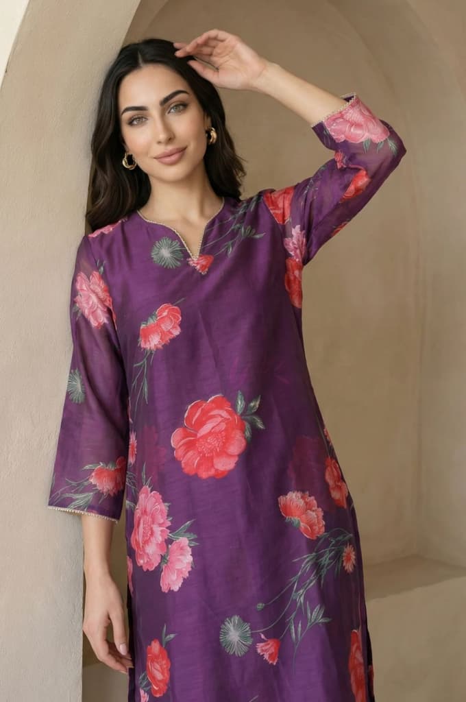 Purple Floral Printed Chanderi Straight Kurta — photo 3