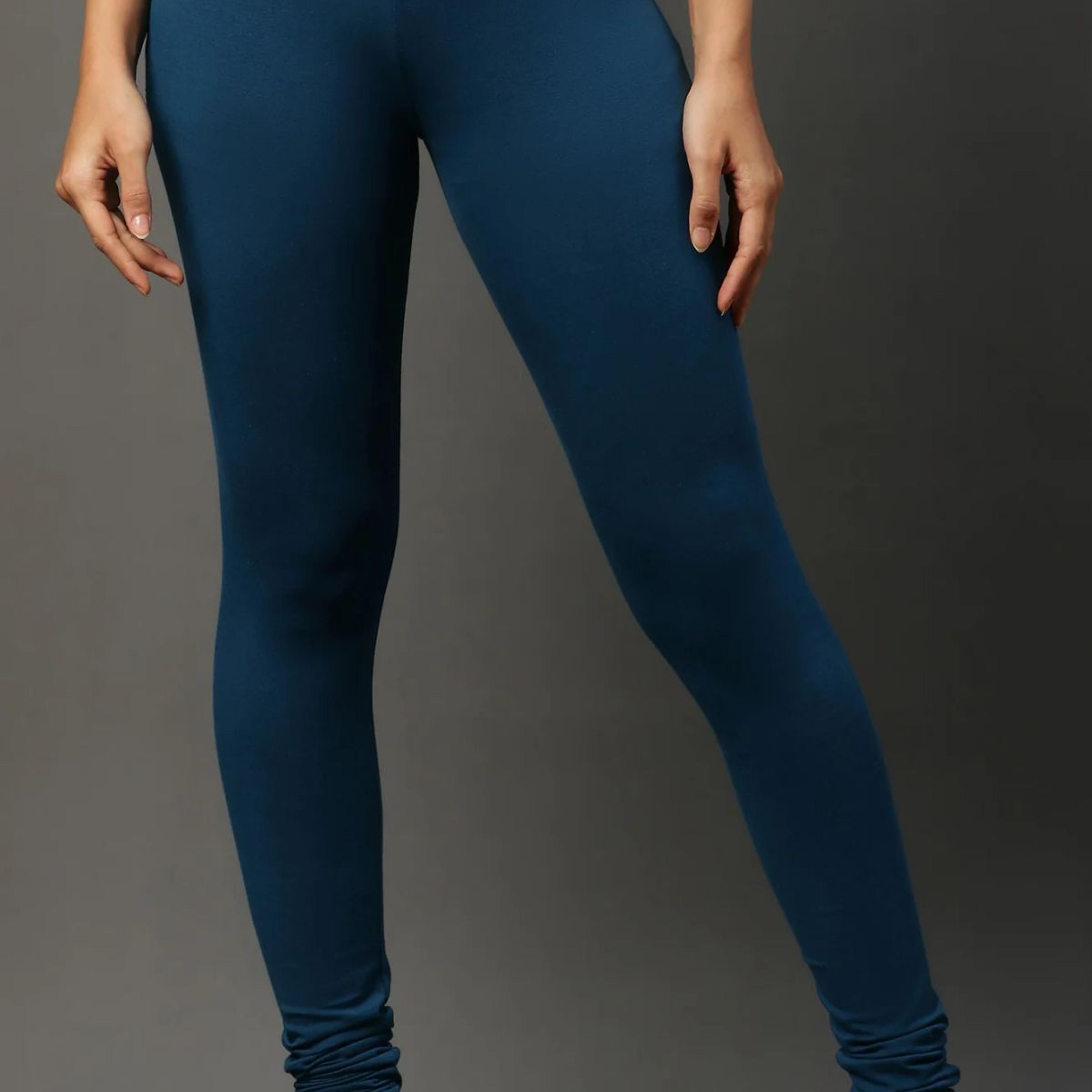 Blue Solid Skinny Fit Cotton Tights With Elasticated Waistband