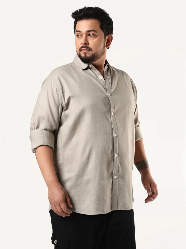 Plus Men's Grey Linen Blend Full Sleeve Relaxed Fit Casual Solid Shirt — photo 2