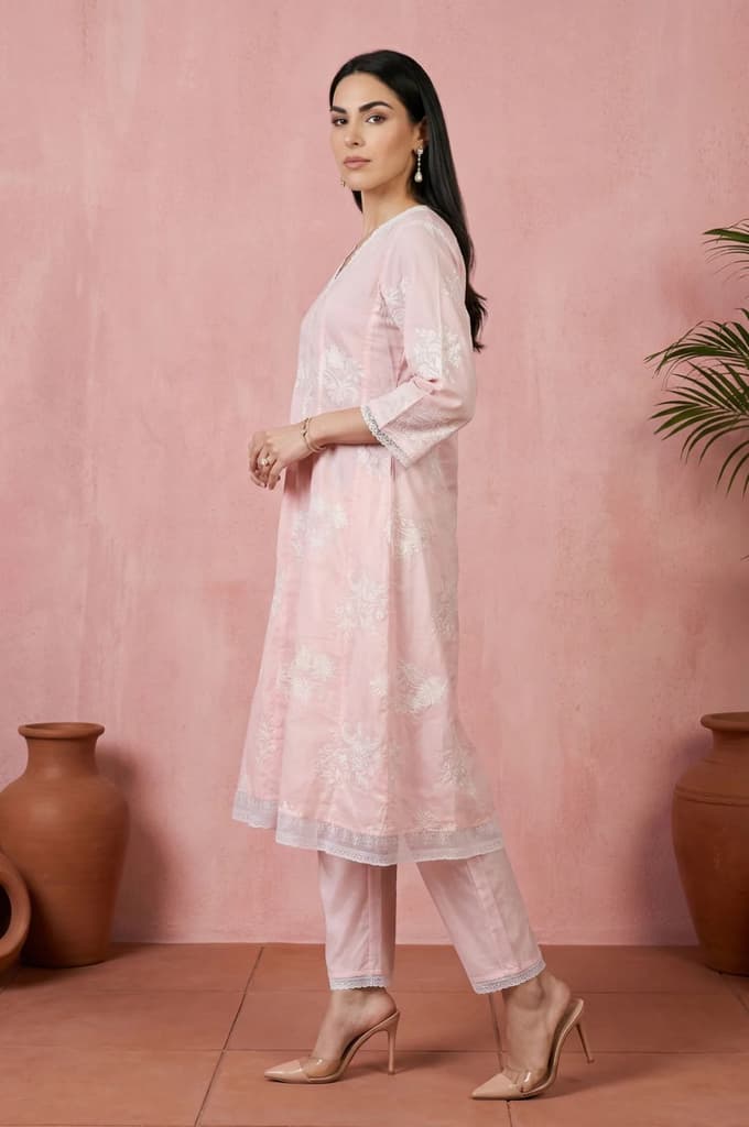 Pink Embroidered Floral Printed Chanderi Straight Kurta with Straight Pants Set — photo 4