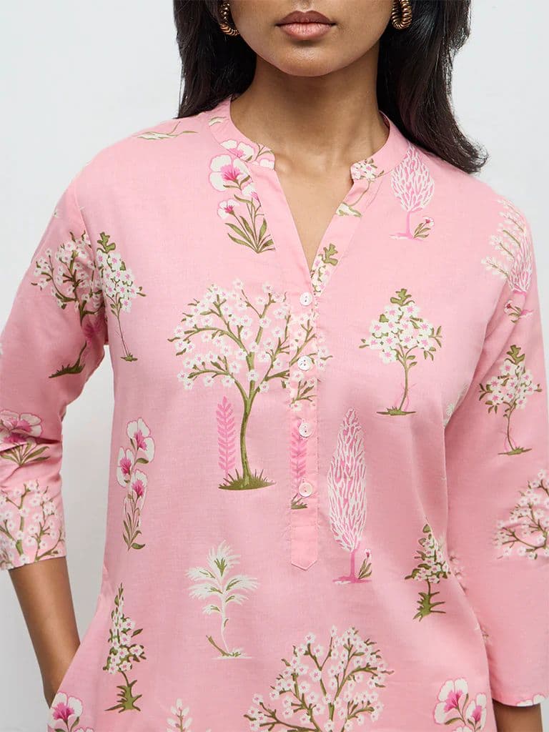 Utsa Pink Floral Pattern Cotton Straight Kurta — photo 3
