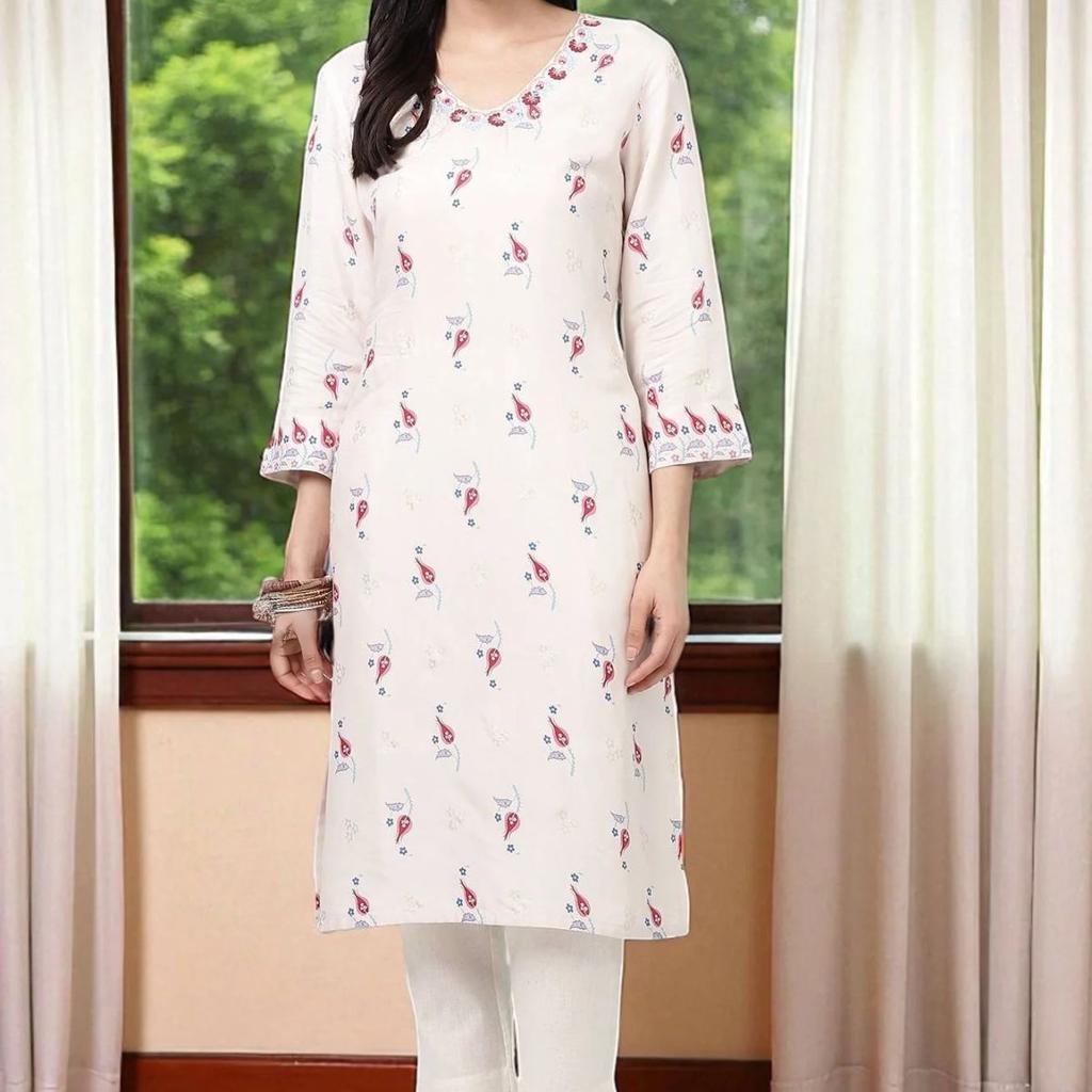 Off-White Floral Printed Rayon Straight Kurta