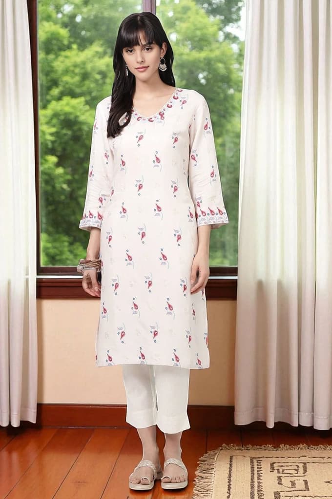 Off-White Floral Printed Rayon Straight Kurta — XS