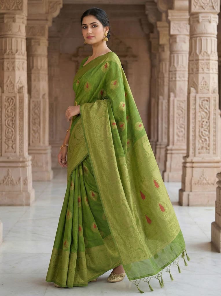 MIMOSA Women's Woven Design Banarasi Style dola silk Saree with Blouse Piece - Olive ( SA00003137OLFREE ) — photo 3