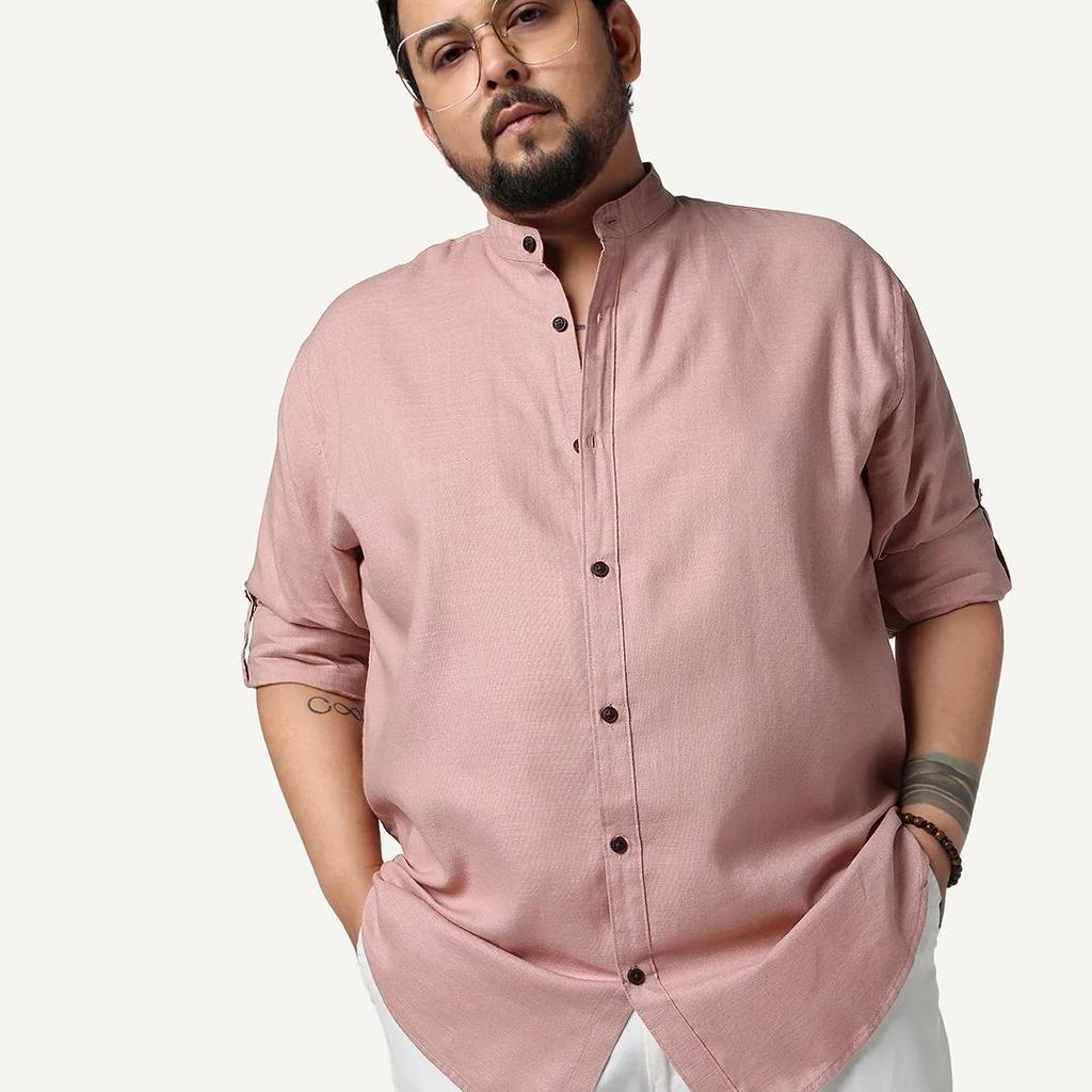 Plus Men's Dusty Pink Linen Blend Full Sleeve Relaxed Fit Mandarin Collar Casual Solid Shirt