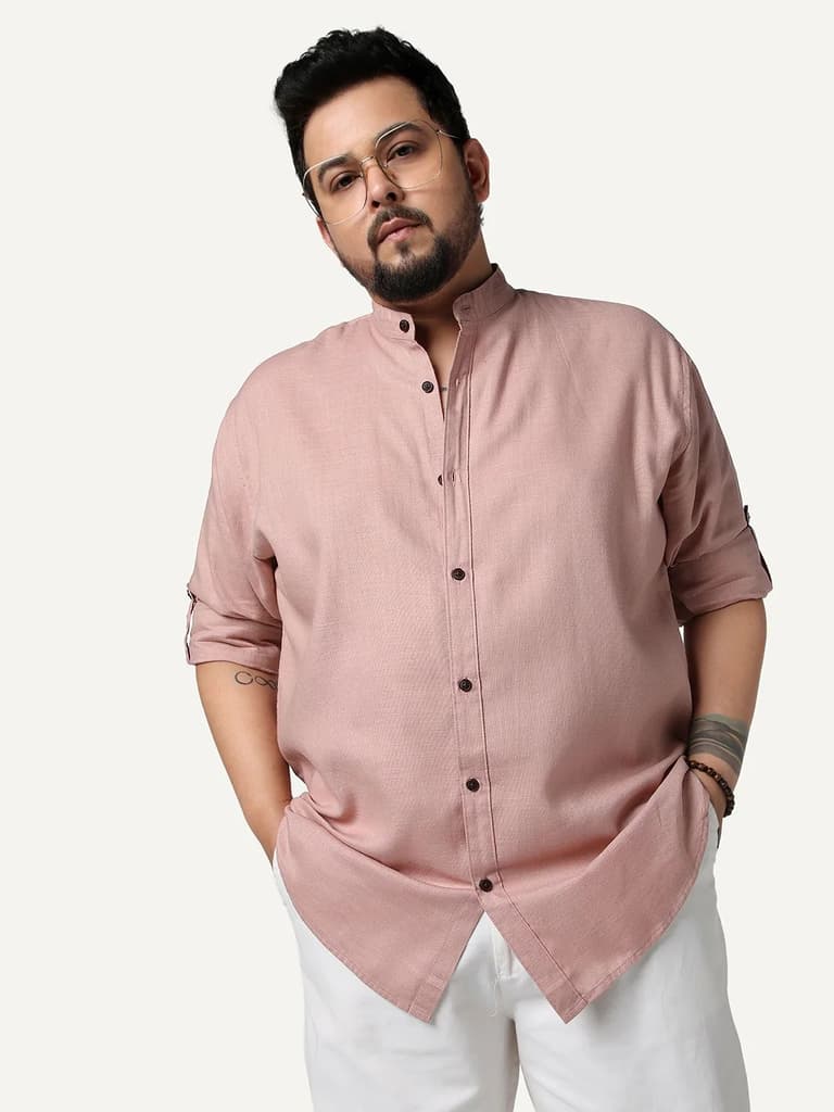 Plus Men's Dusty Pink Linen Blend Full Sleeve Relaxed Fit Mandarin Collar Casual Solid Shirt — 2XL / Dusty Pink