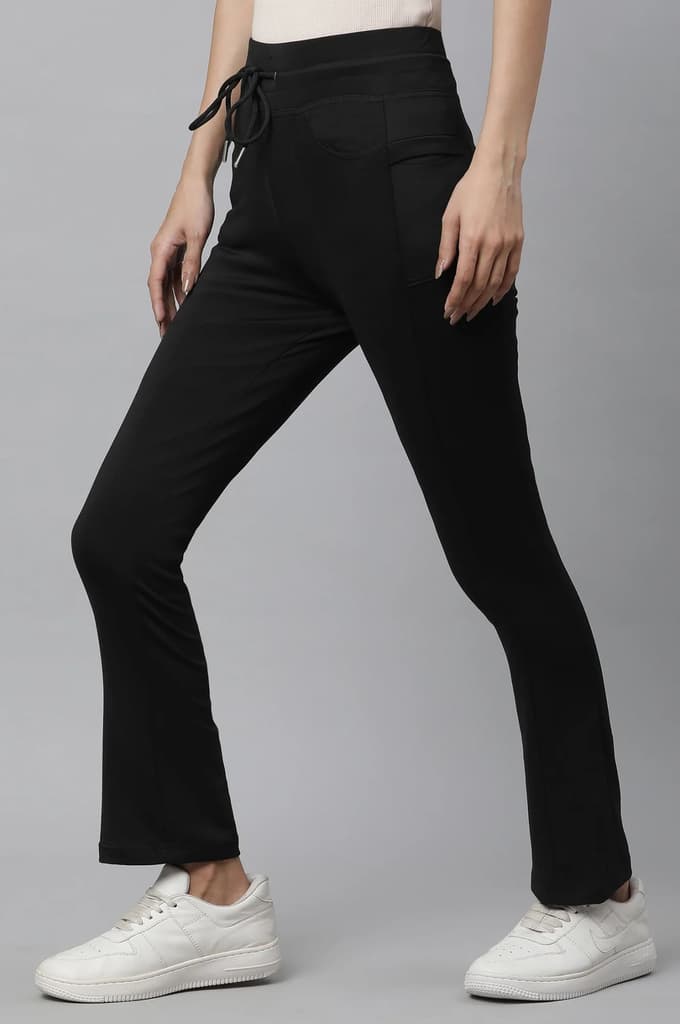 Black Solid Boot Cut Pants With Drawstring — photo 2