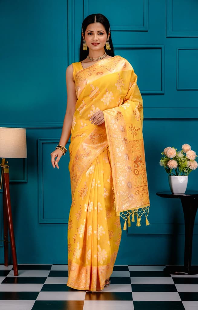 Mimosa Women's Woven Design Banarasi Style Art Silk Saree With Blouse Piece : SA00001806GDFREE — Gold