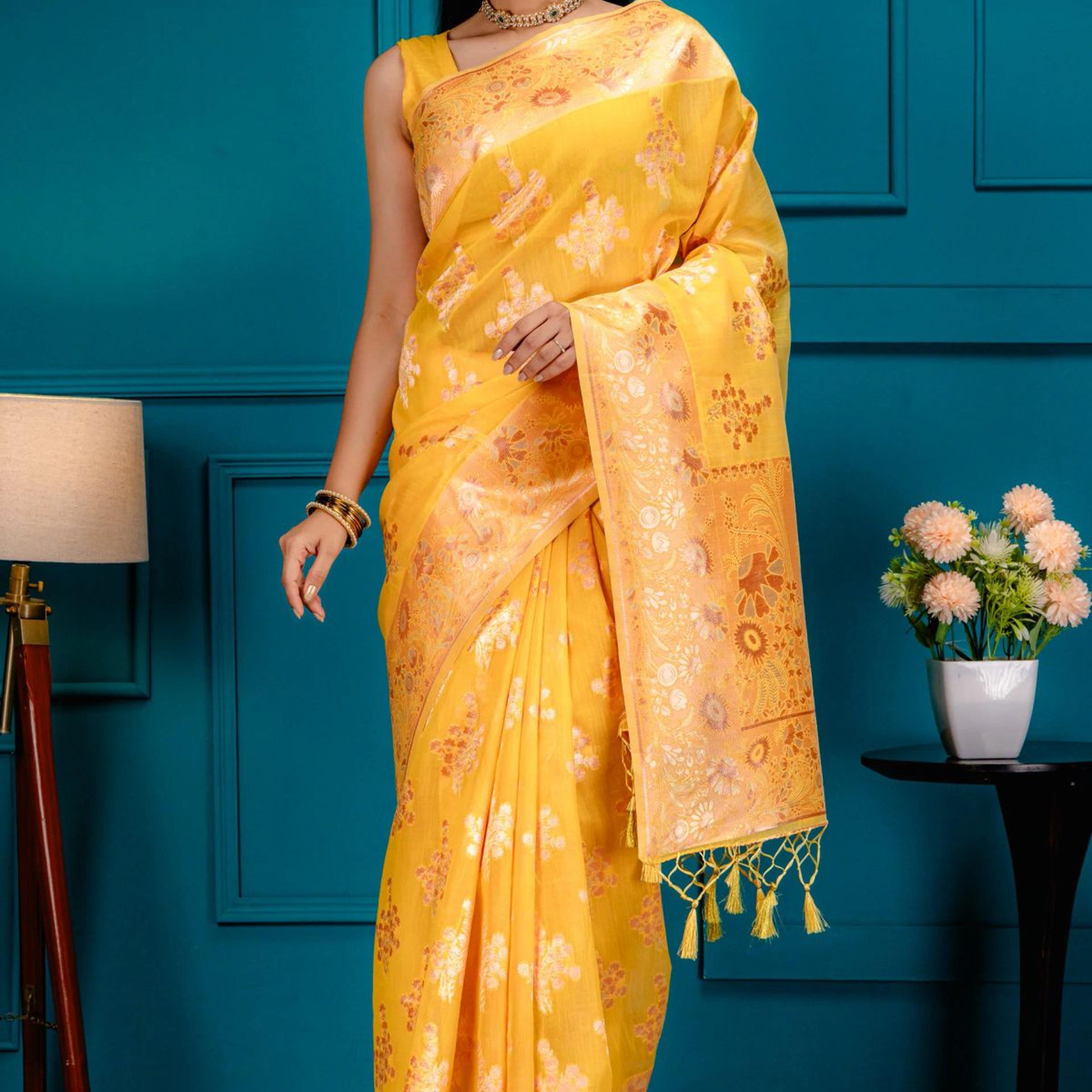 Mimosa Women's Woven Design Banarasi Style Art Silk Saree With Blouse Piece : SA00001806GDFREE