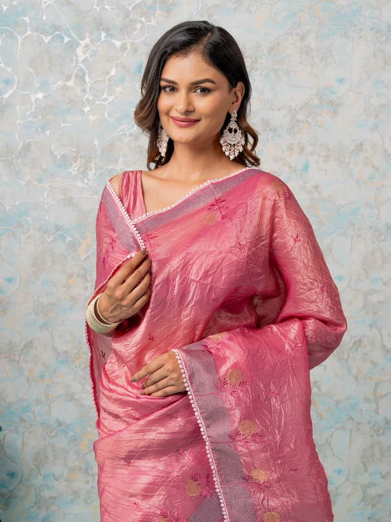 Mimosa Women's Woven Design Banarasi Style Tissue Crush Saree With Blouse Piece : SA00002016STFREE — Strawberry