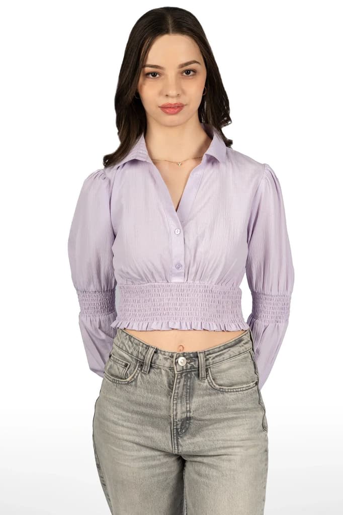 Lavender Solid Collared Crop Top — photo 6