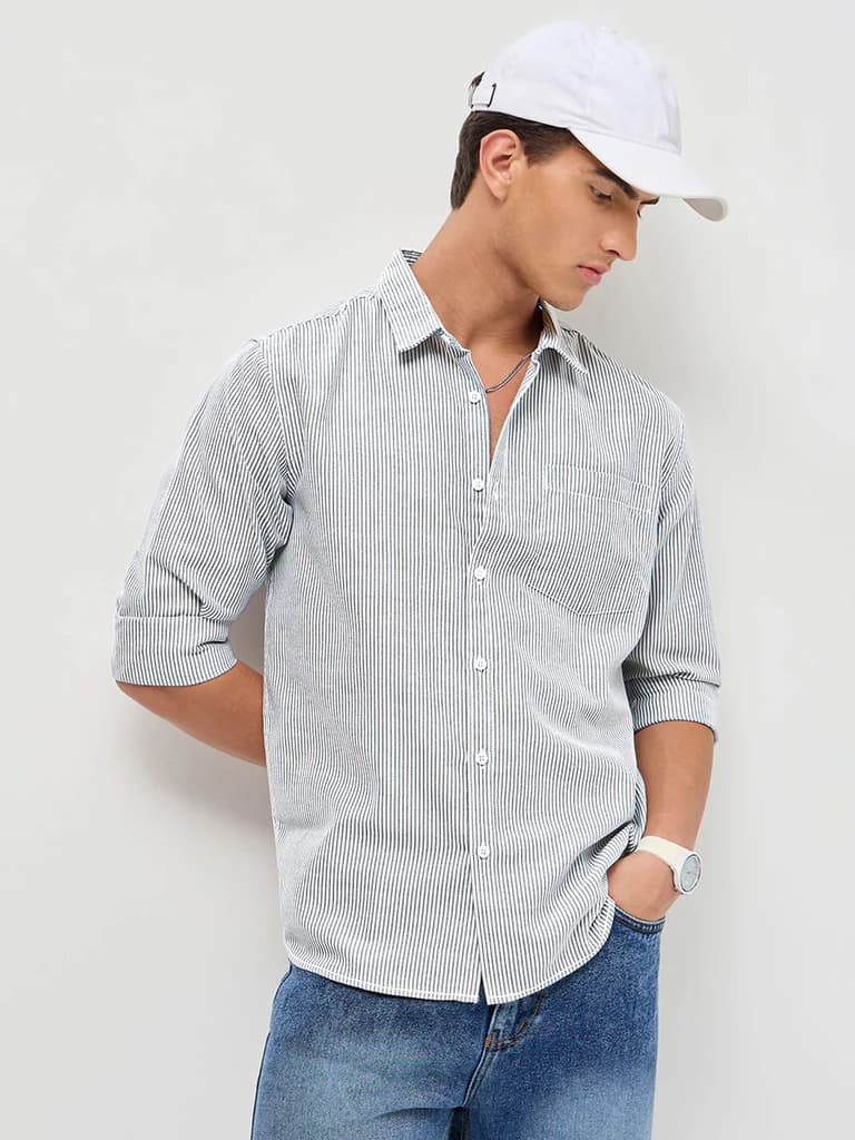 Men's Light Grey Cotton Full Sleeve Regular Fit Casual Striped Shirt — photo 2