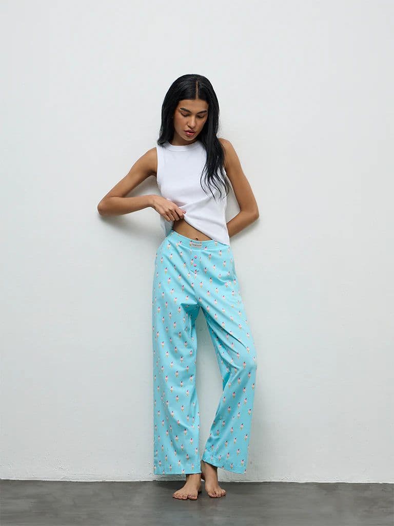 Superstar Blue Printed High-Rise Cotton-Blend Pants