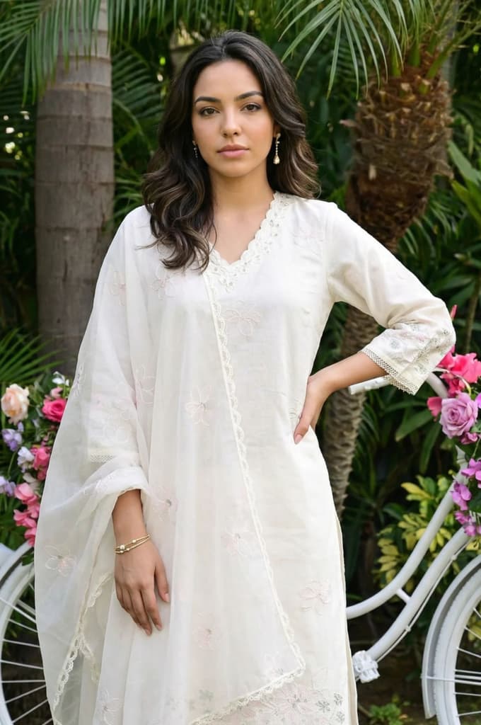 Off White Thread Embroidered Chanderi Straight Kurta with Straight Pants and Dupatta Set — photo 3