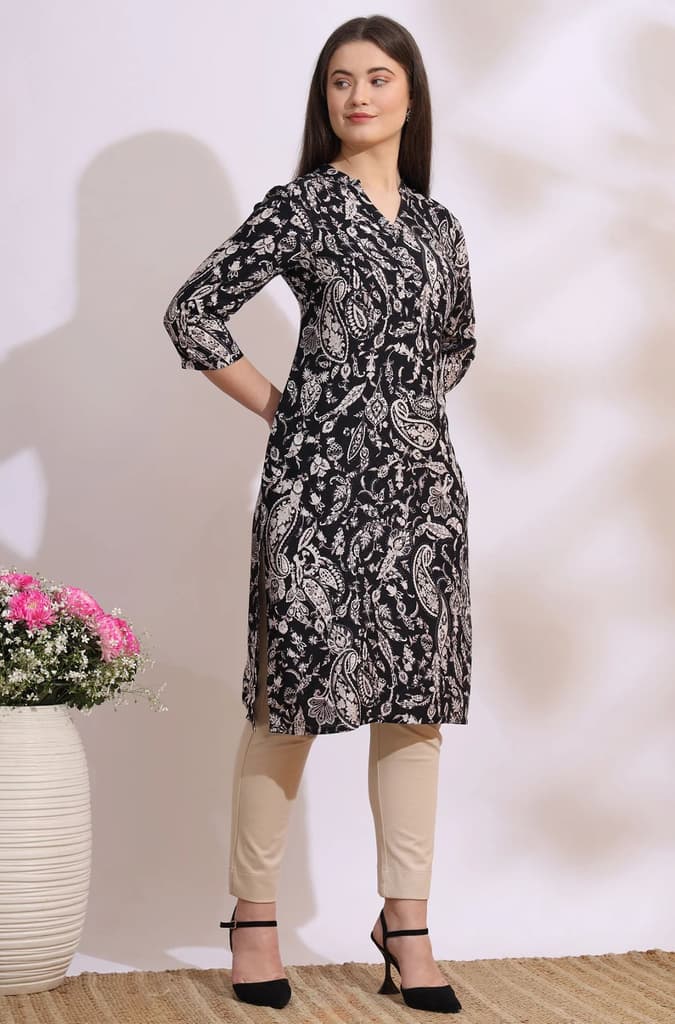Black Bold Floral Printed Cotton Cambric Straight Kurta — photo 7