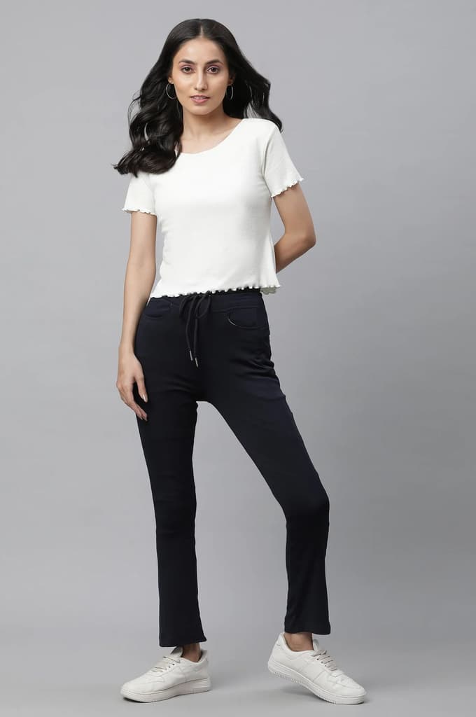 Navy Blue Solid Boot Cut Pants With Drawstring — photo 5