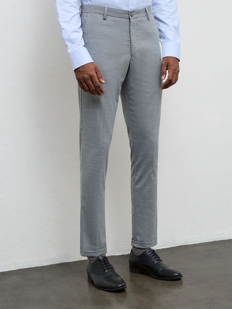 WES Formals Grey Checkered Slim-Fit Mid-Rise Trousers — photo 2