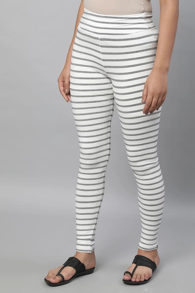 White Striped Skinny Fit Cotton Tights With High Waistband — photo 3
