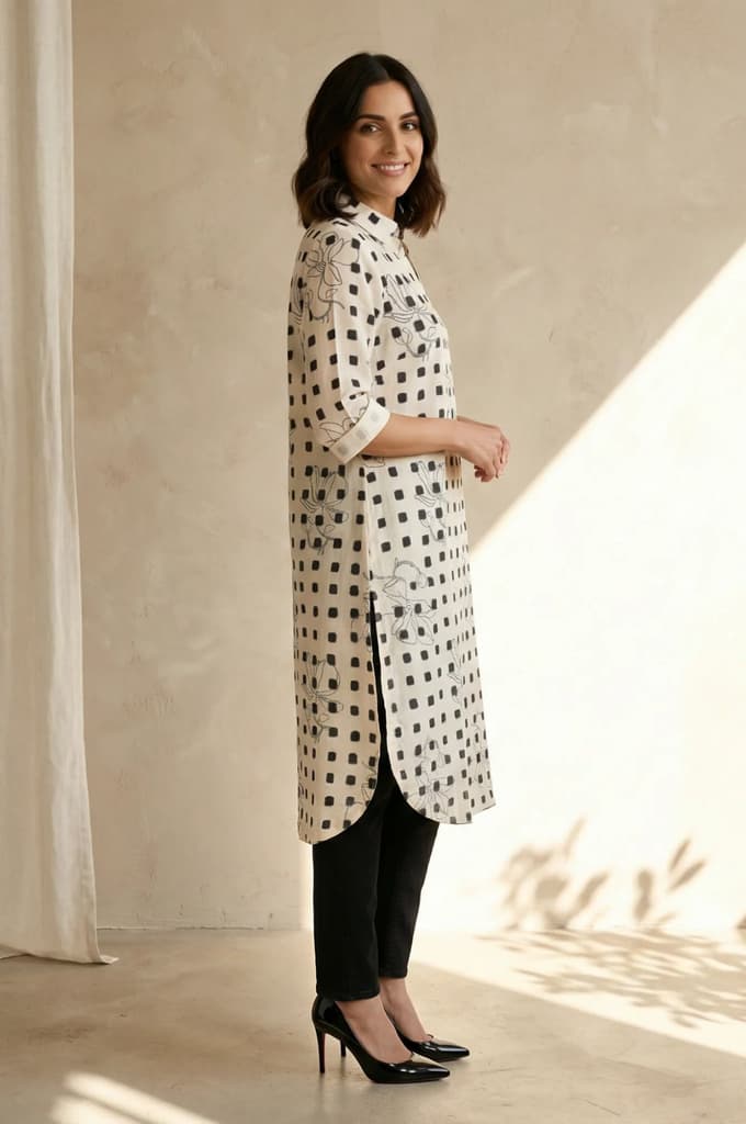 Off White Geometric Printed Pure Cotton Straight Kurta — photo 5