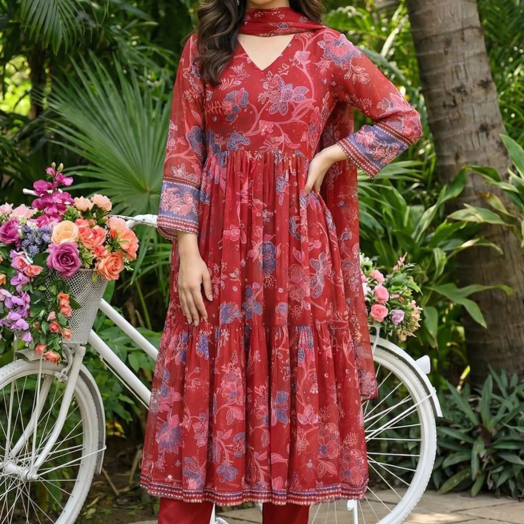 Red Floral Printed Chiffon Flared Kurta with Straight Pants and Dupatta Set