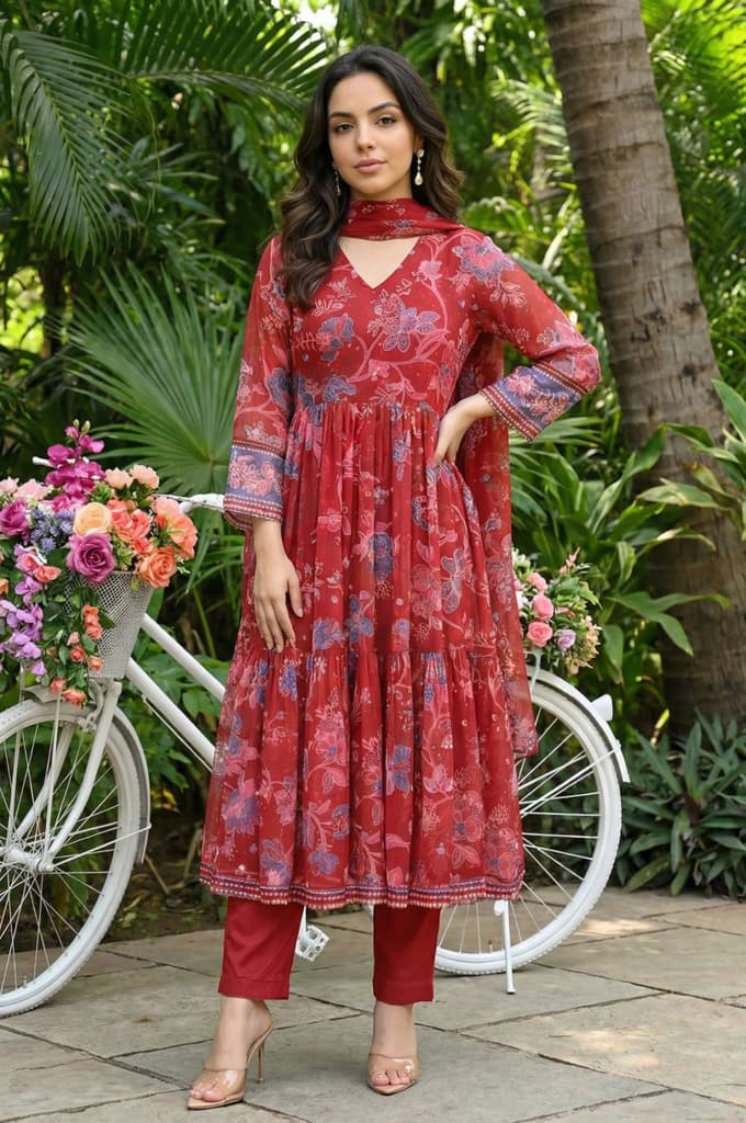 Red Floral Printed Chiffon Flared Kurta with Straight Pants and Dupatta Set — XS