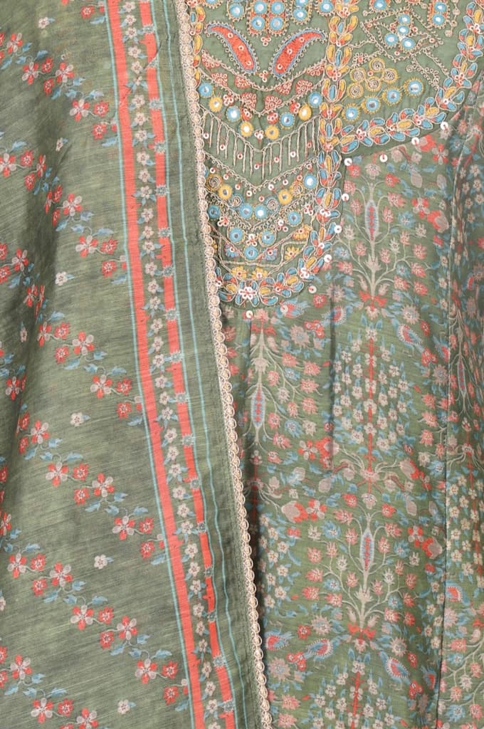 Olive Floral Printed Mirror Work Chanderi A-line Kurta with Straight Pants and Dupatta Set — photo 2
