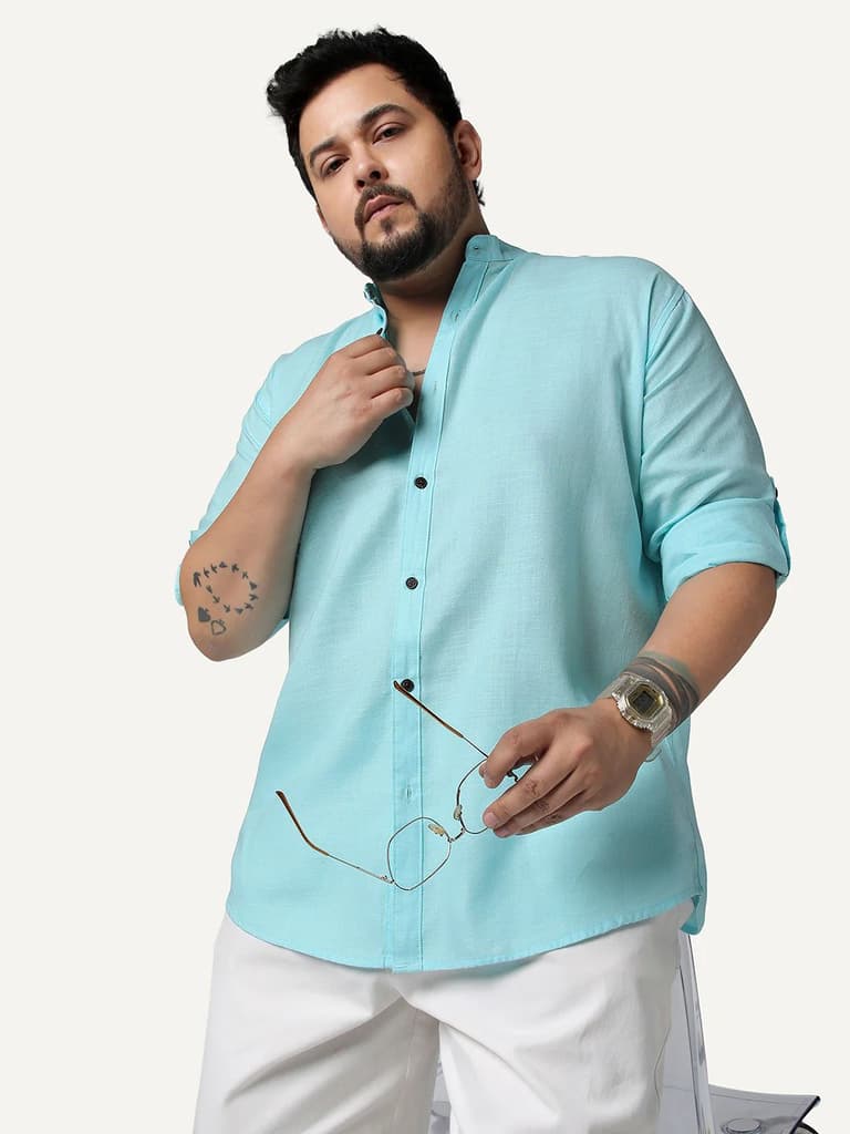 Plus Men's Sky Blue Linen Blend Full Sleeve Relaxed Fit Mandarin Collar Casual Solid Shirt — 2XL / Sky Blue