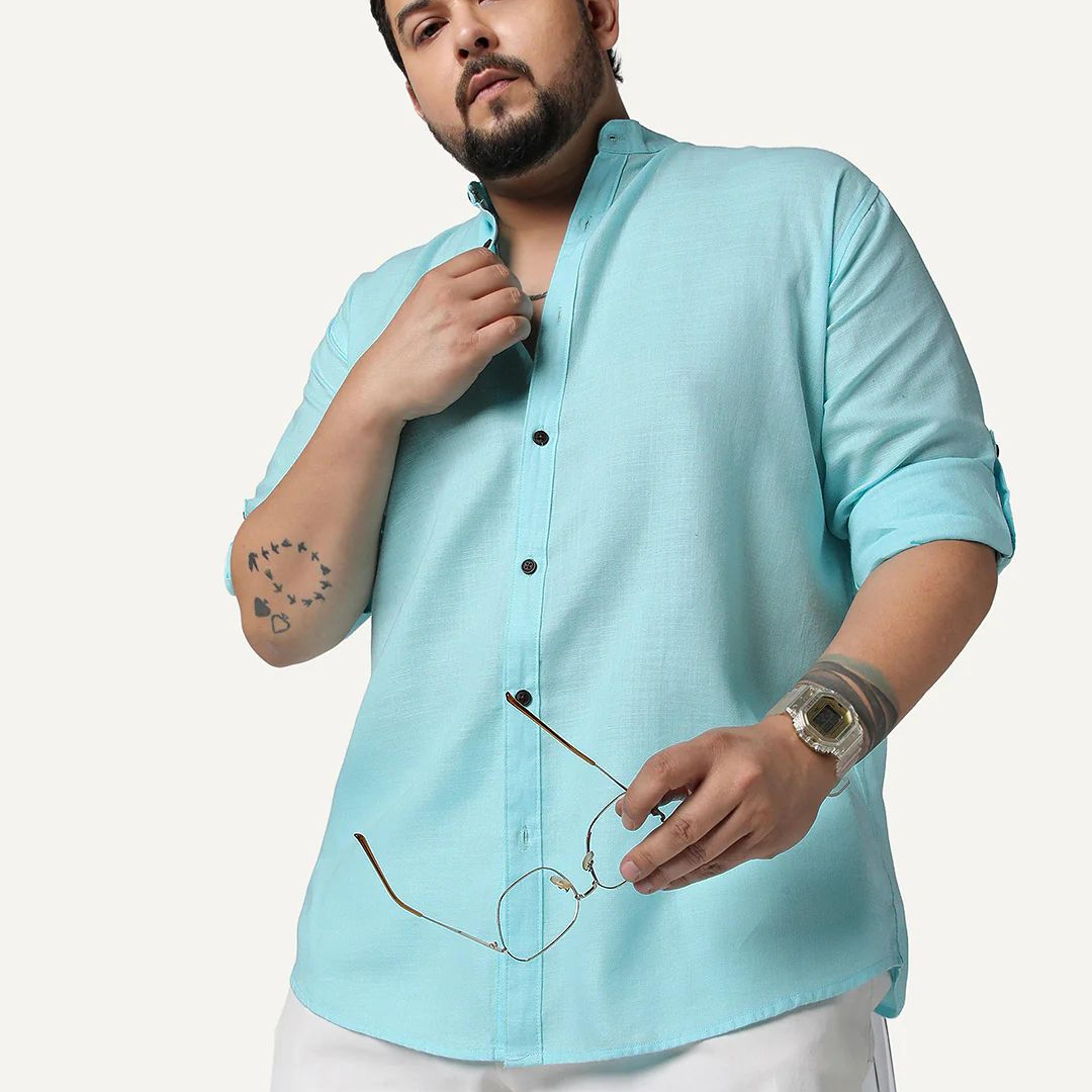 Plus Men's Sky Blue Linen Blend Full Sleeve Relaxed Fit Mandarin Collar Casual Solid Shirt