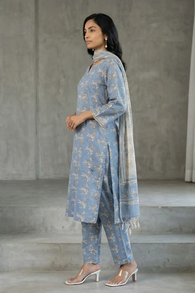 Blue Block Printed Pure Cotton Straight Kurta with Pants and Dupatta Set — photo 4