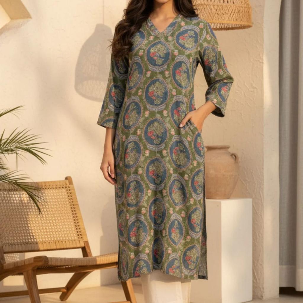 Green Floral Printed Modal Straight Kurta