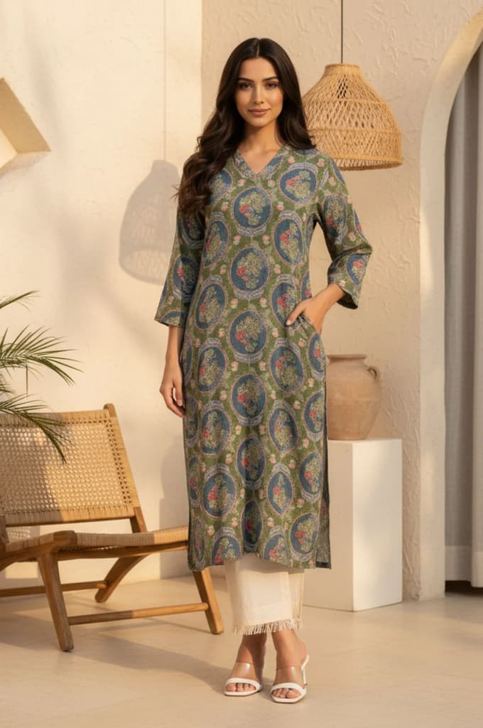 Green Floral Printed Modal Straight Kurta — XS