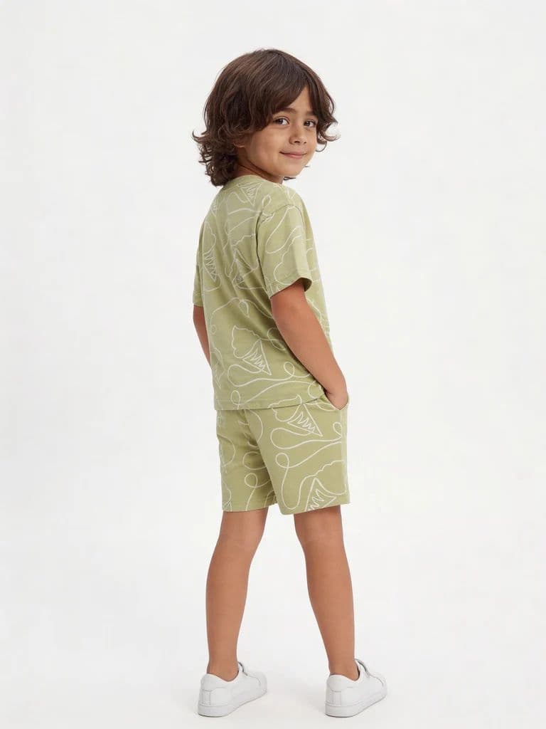 HOP Kids Boys Sage Printed Cotton T-Shirt and Shorts Set — photo 2