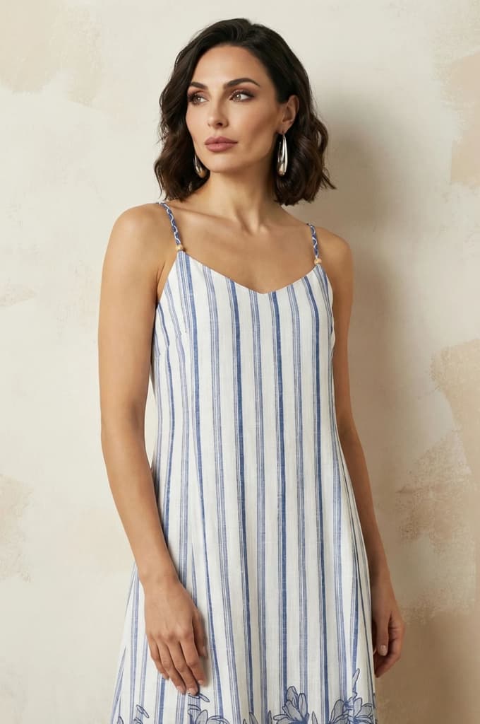 White Striped Floral Printed Noodle Straps Rayon A-line Western Dress — photo 2