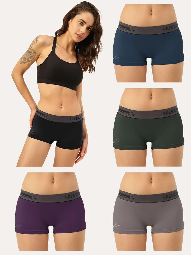 Women's Micro Modal Boy Shorts (Pack of 5) — Prussian Blue; Pot Black; Seaweed Green; Smoke Grey; Trippy Violet / S / Women