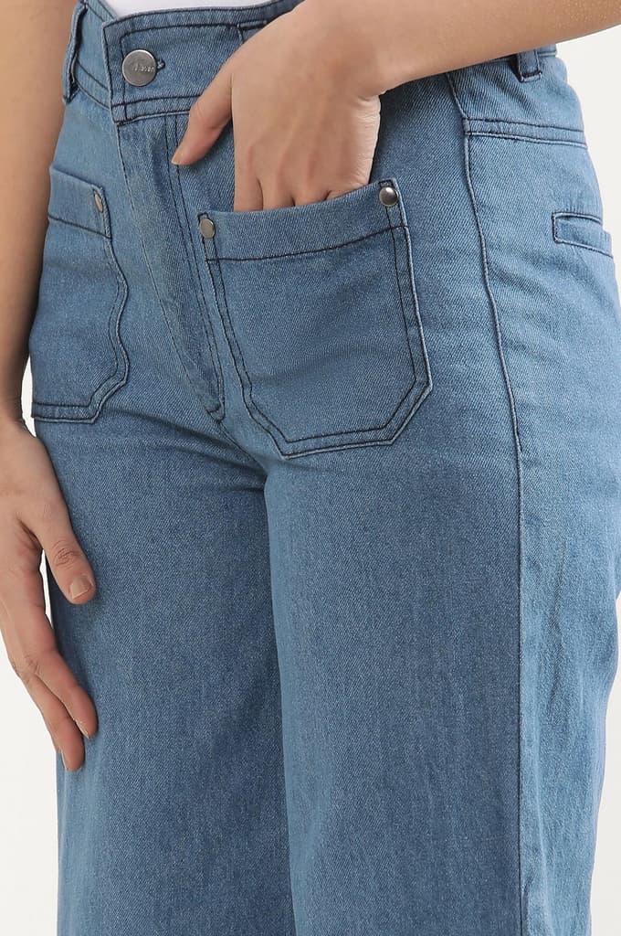Light Blue Solid Flared Denim Pants With Button Detail — photo 7