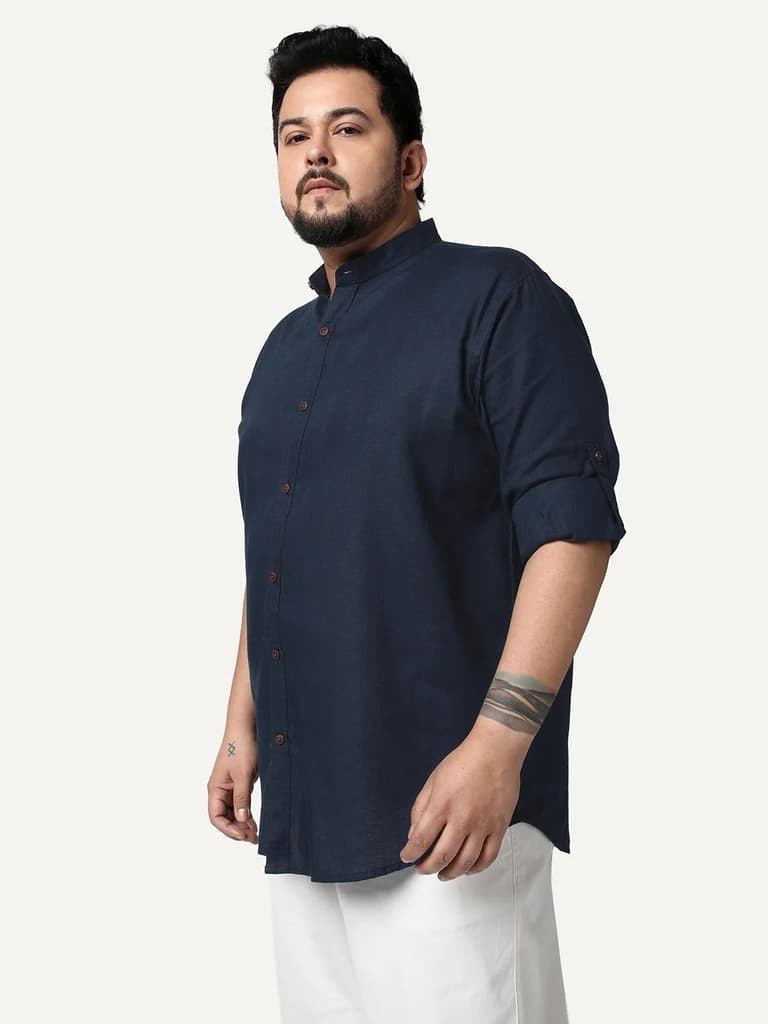 Plus Men's Navy Linen Blend Full Sleeve Relaxed Fit Mandarin Collar Casual Solid Shirt — photo 2