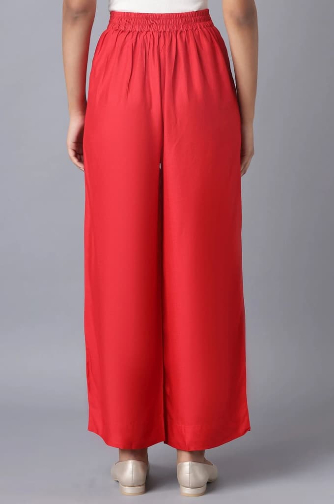 Red Solid Straight Fit Tencel Pants With Elasticated Waist — photo 2