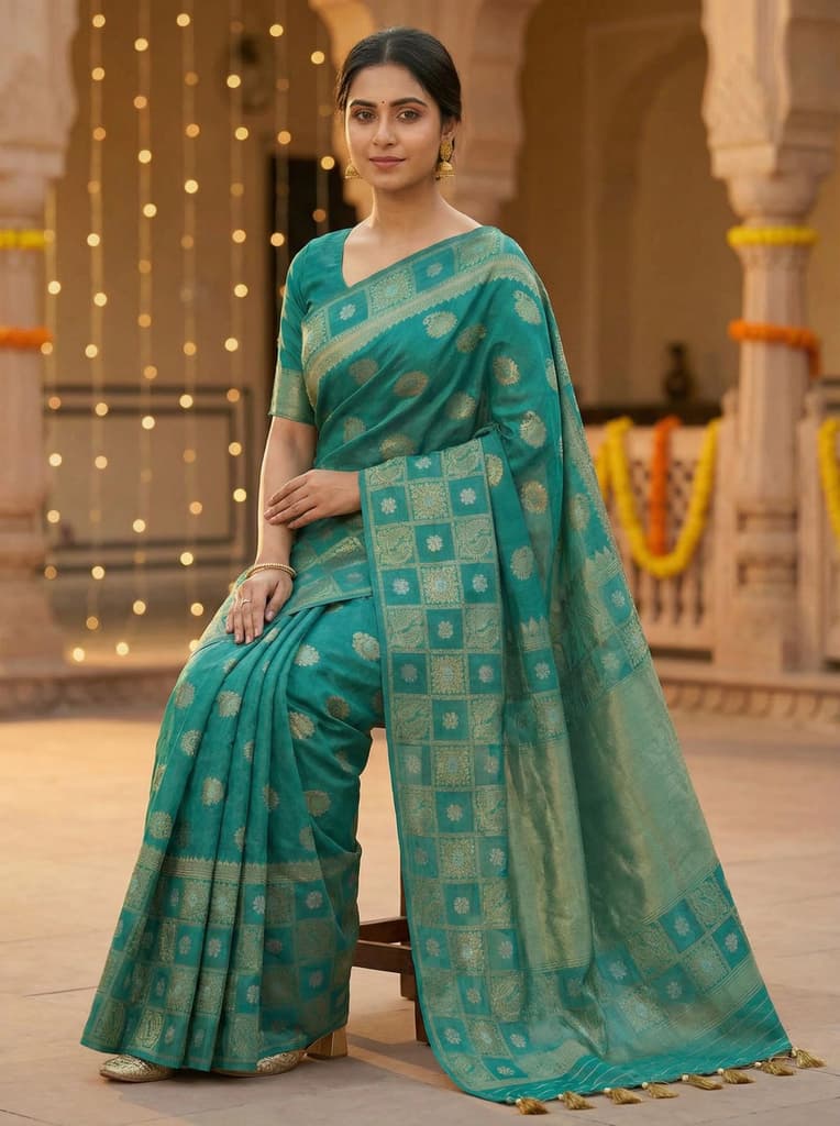 MIMOSA Women's Woven Design Banarasi Style Chiffon Saree with Blouse Piece - Rama ( SA00003124RMFREE ) — photo 3