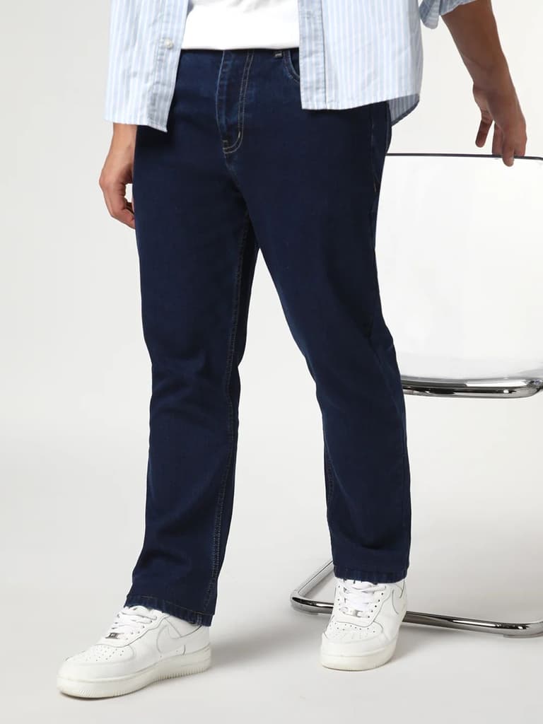 Men's Blue Straight Fit Raw Washed Denim Jeans Stretchable — photo 2