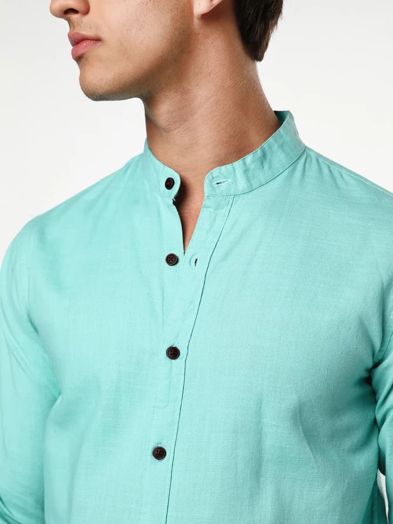 Men's Light Teal Linen Blend Full Sleeve Relaxed Fit Mandarin Collar Casual Solid Shirt — photo 7