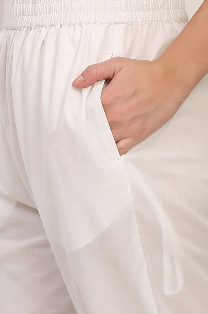 White Solid Embroidered Straight Pure Cotton Kurta, Straight Pant and Dupatta Set — photo 8