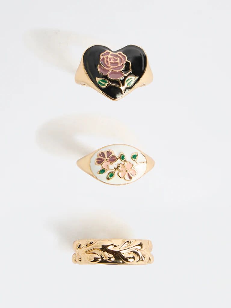 Westside Accessories Multi Color Enamel Charm Rings - Pack of 3