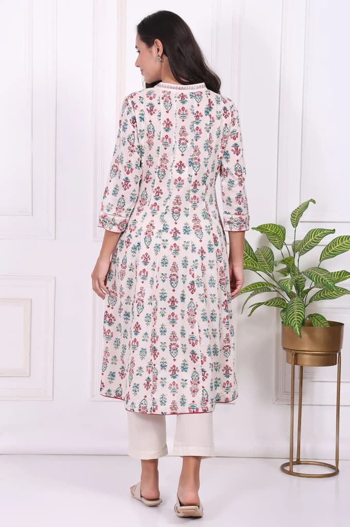 Off-White Floral Printed Thread Embroidered Pure Cotton Flared A-line Kurta — photo 5