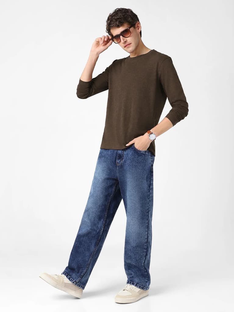 Men's Chicory Coffee Printed Full Sleeve Slim Fit Cotton T-Shirt — photo 5