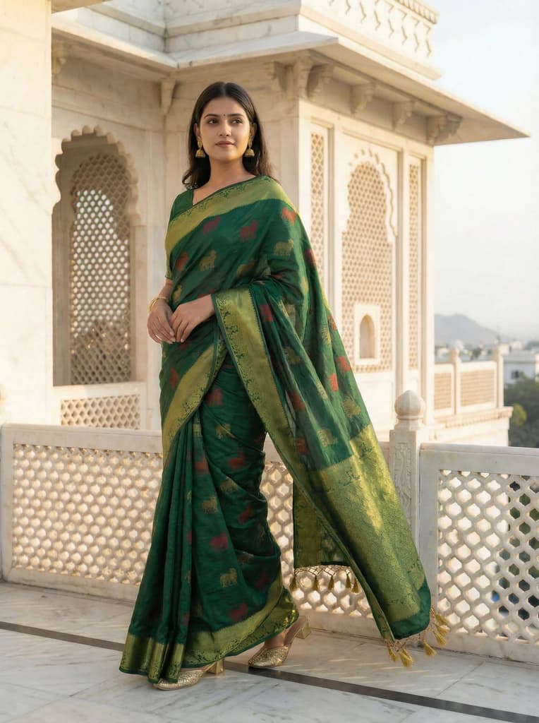 MIMOSA Women's Woven Design Banarasi Style Raw Silk Saree with Blouse Piece - Green ( SA00003136GRNFREE ) — Default Title