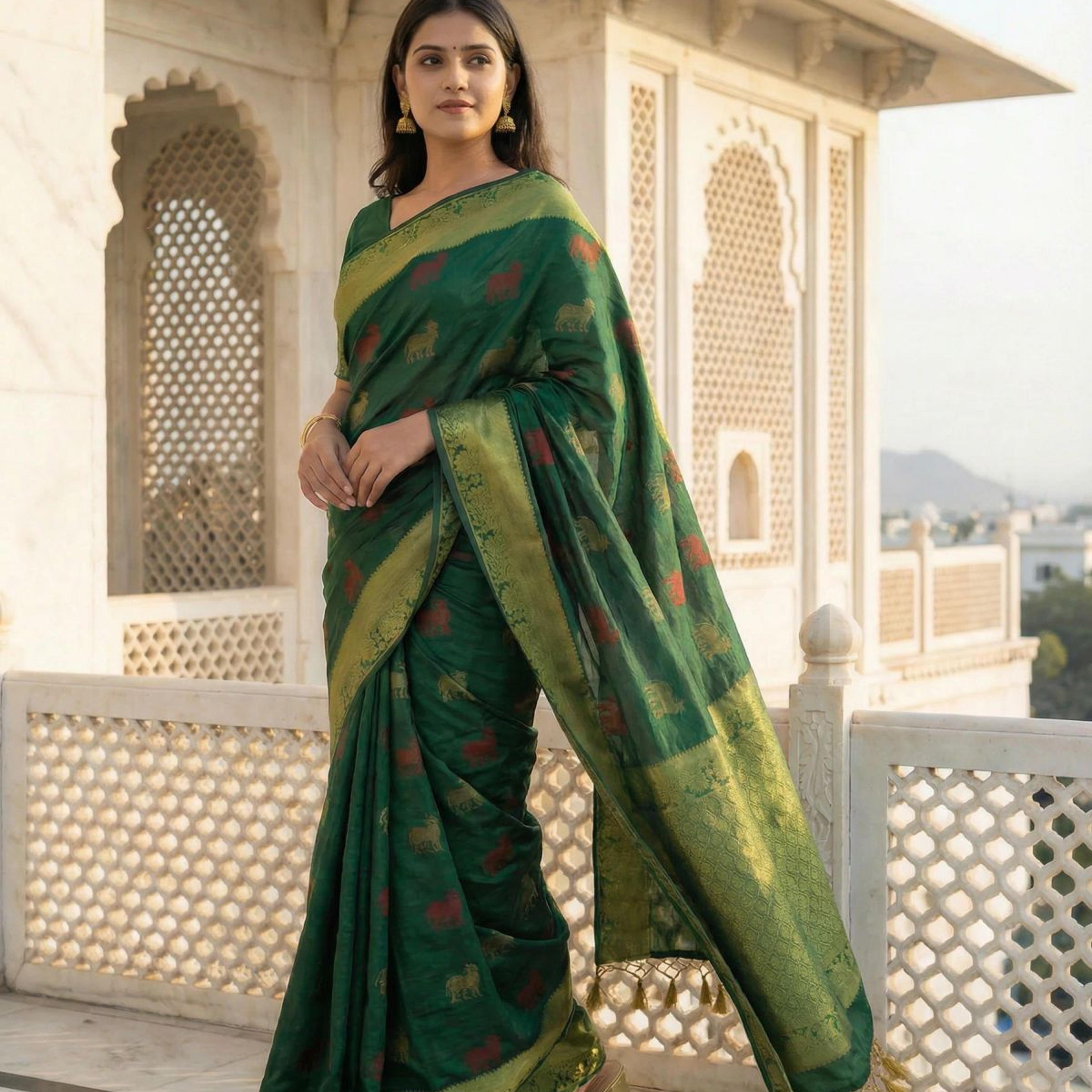 MIMOSA Women's Woven Design Banarasi Style Raw Silk Saree with Blouse Piece - Green ( SA00003136GRNFREE )
