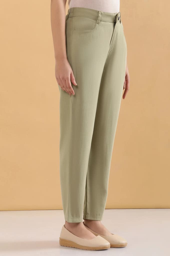 Green Solid Straight Fit Woven Pants With Belt Loops — photo 5