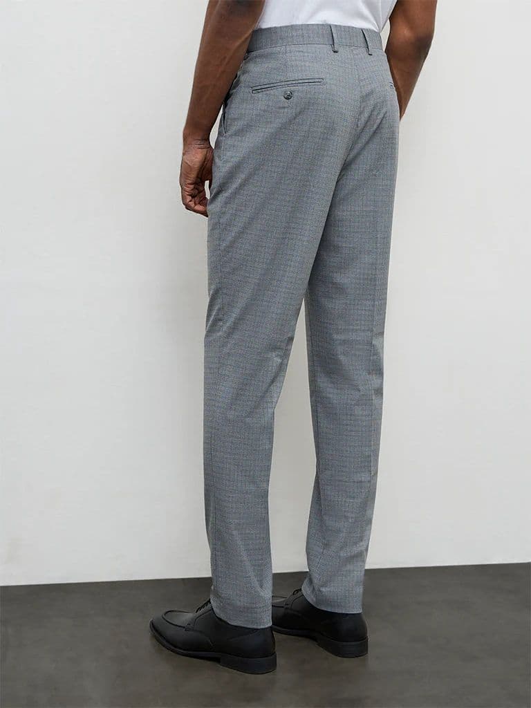 WES Formals Grey Checkered Relaxed-Fit Mid-Rise Trousers — photo 4
