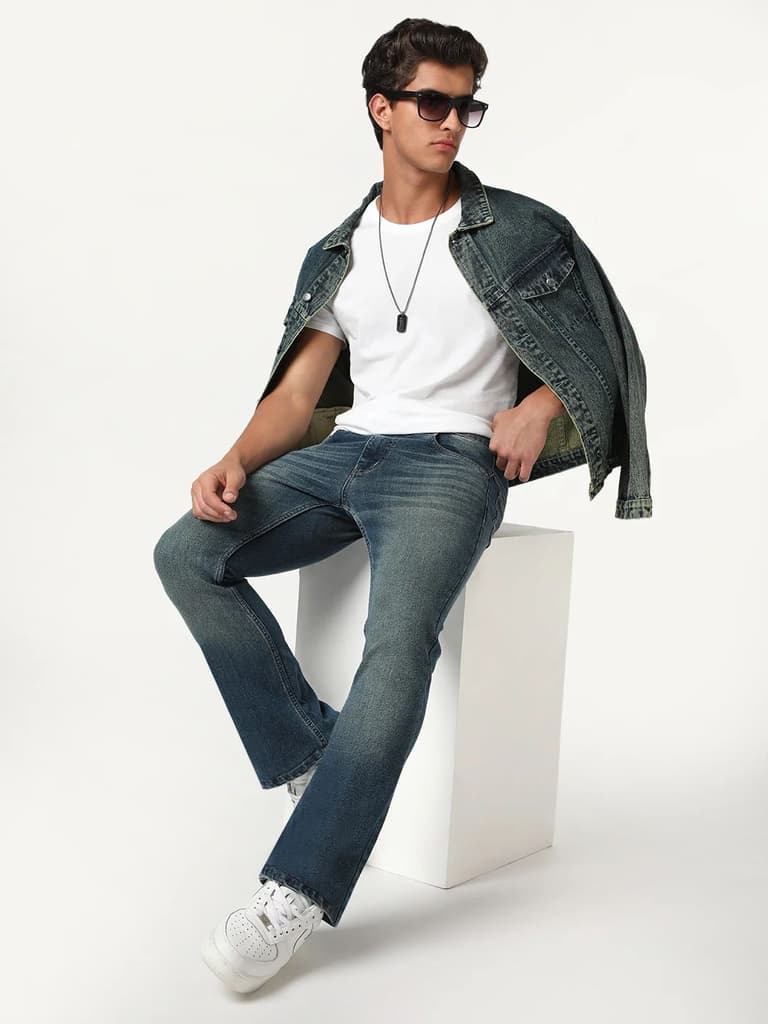 Men's Light Blue Bootcut Fit Mid Rise Heavy Washed Jeans Stretchable — photo 5