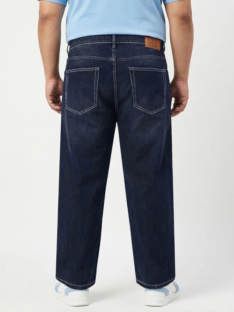 Plus Men's Dark Blue Loose Baggy Fit Washed Denim Jeans Non-Stretchable — photo 3